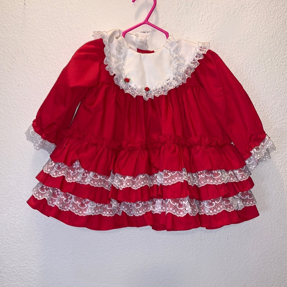 Handmade Vintage Baby Girls 12 months Birthday Dress Red White Lace Ruffles